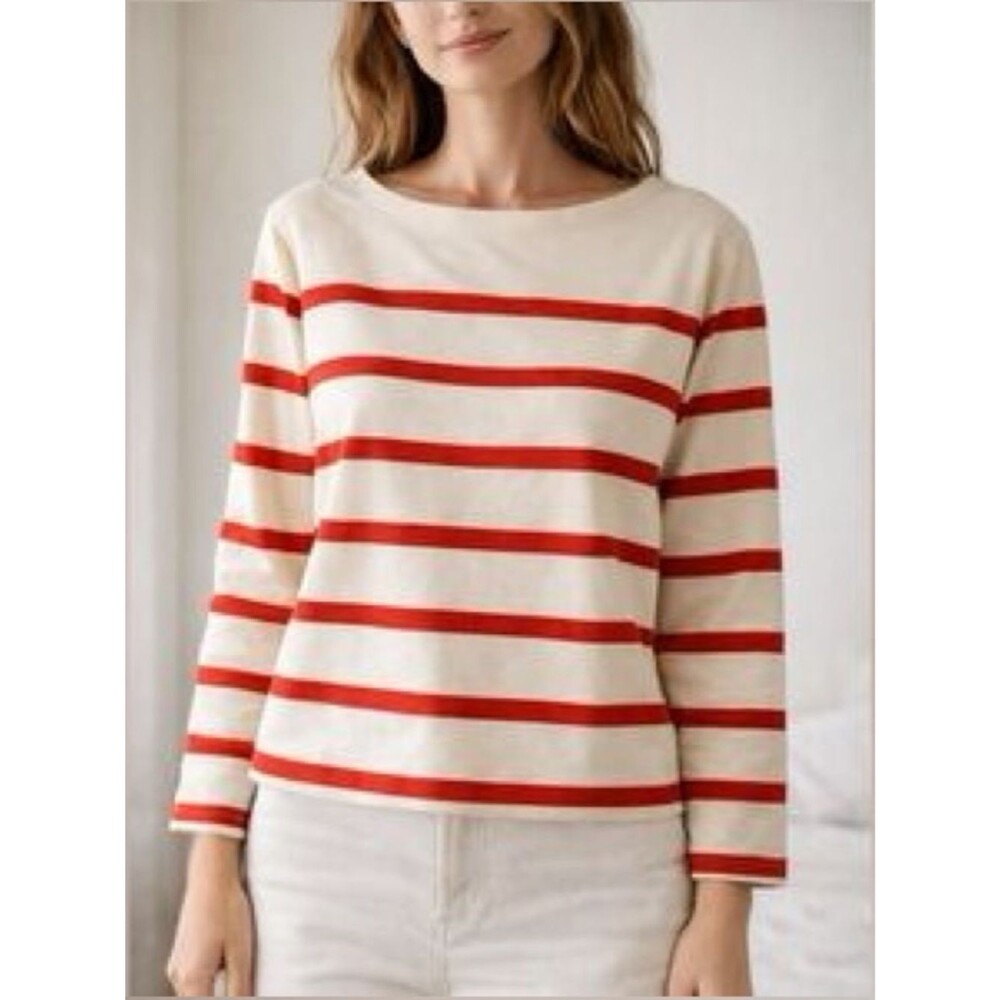 J Crew Boatneck Tee T-shirt Thick Cotton Tan Red Size XS Coastal Nautical